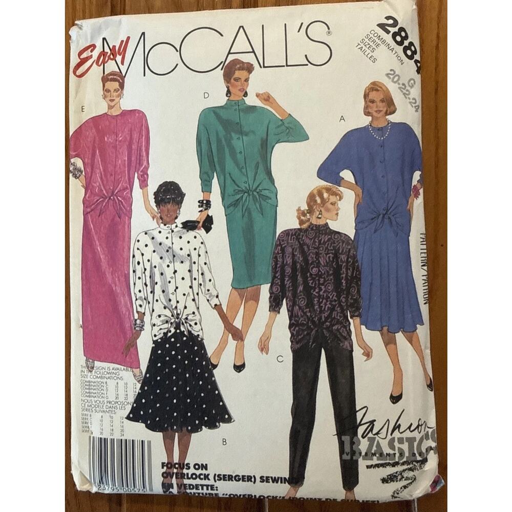 Vintage Easy McCall’s 2884 Sewing Pattern Misses Dress Top Skirt Pants 20-24